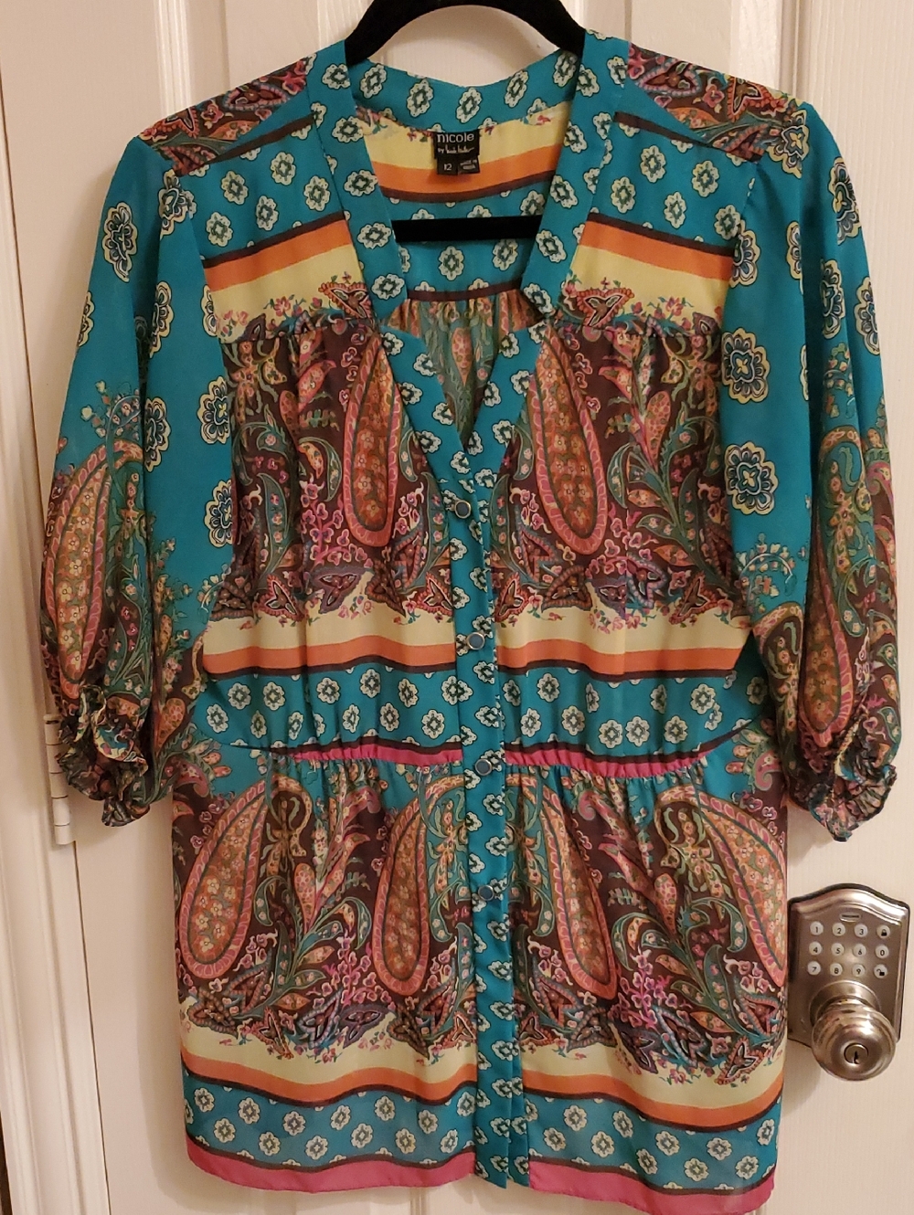 NICOLE by Nicole Miller Teal Paisley Button-Front Tunic with Multicolor Accents